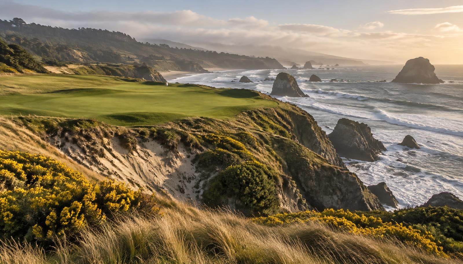 A clifftop links golf hole above Pacific surf and sea stacks, framed by yellow gorse and golden fescue