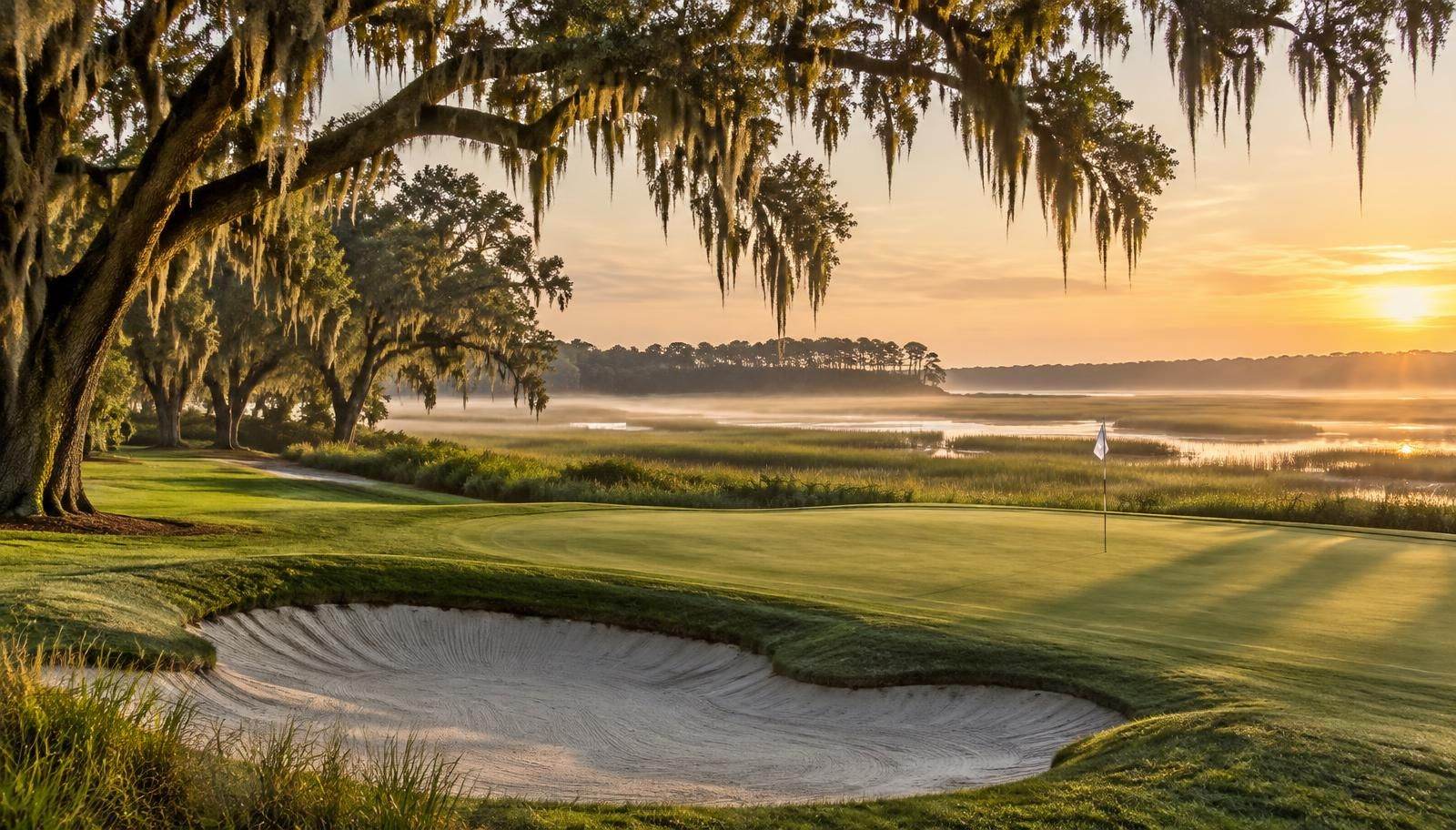 Live oaks draped in Spanish moss framing a golf green beside a misty salt marsh at sunrise